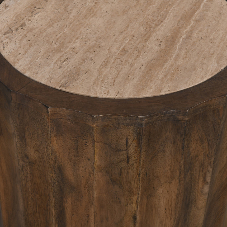 CST8723-RB 45cm Travertine Top Round Side Table - Walnut