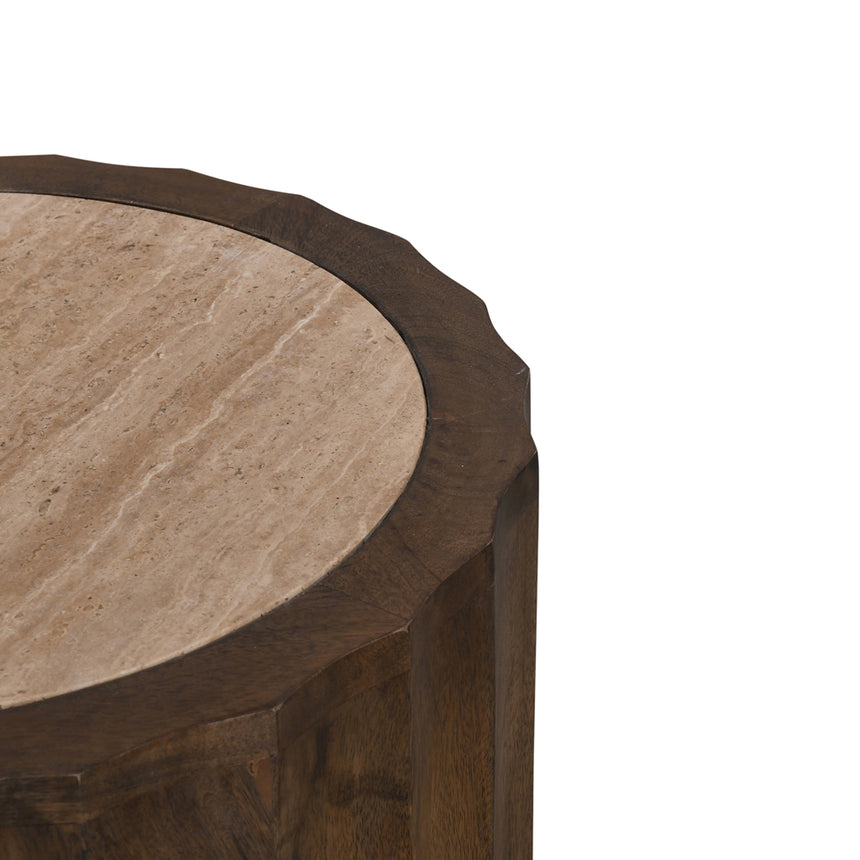 CST8723-RB 45cm Travertine Top Round Side Table - Walnut